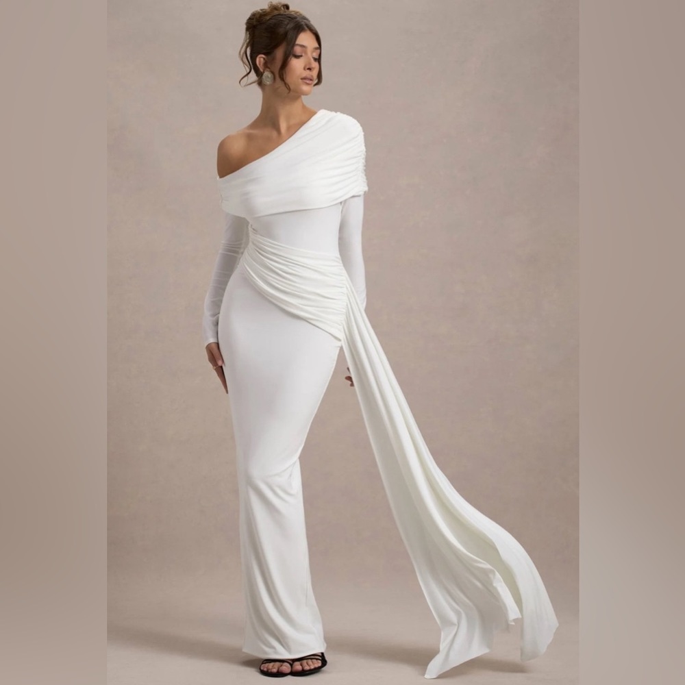 Valina | White Ruched Asymmetric Maxi Dress With Drape Club L London